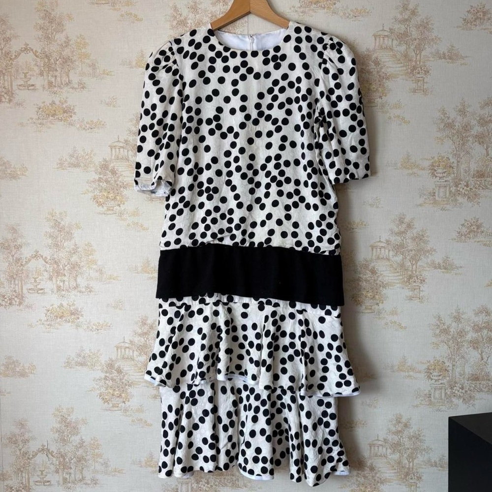 Vintage 70s 80s white black polka dot retro short sleeve ruffle midi dress 6